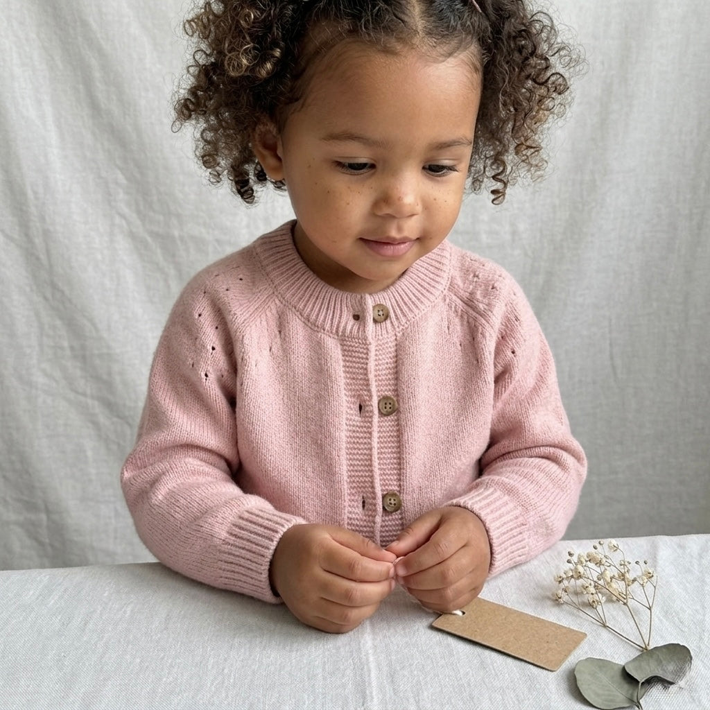 Kids' organic cotton cardigan in blush pink, button-front knit with long sleeves