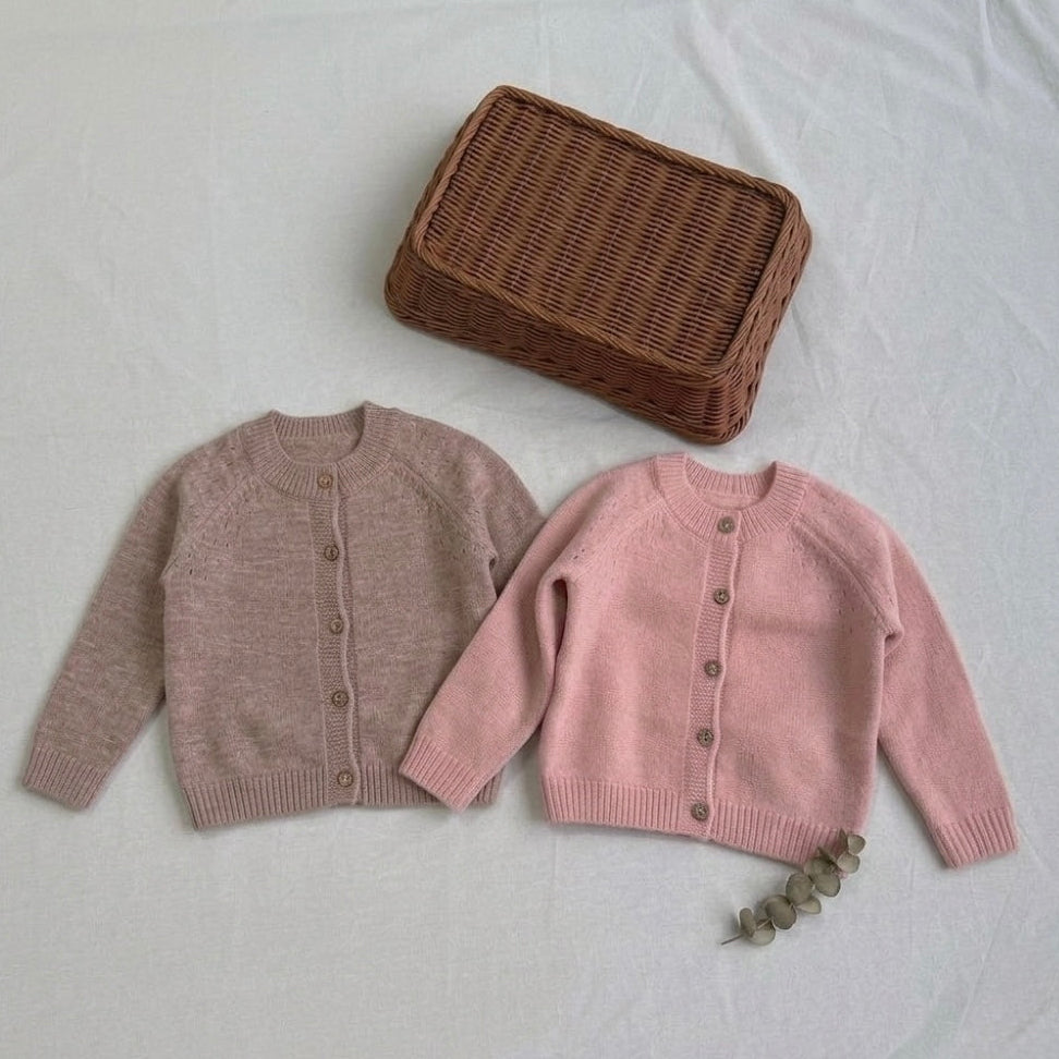 Kids' organic cotton cardigans, taupe and blush pink, both button-front knit sets