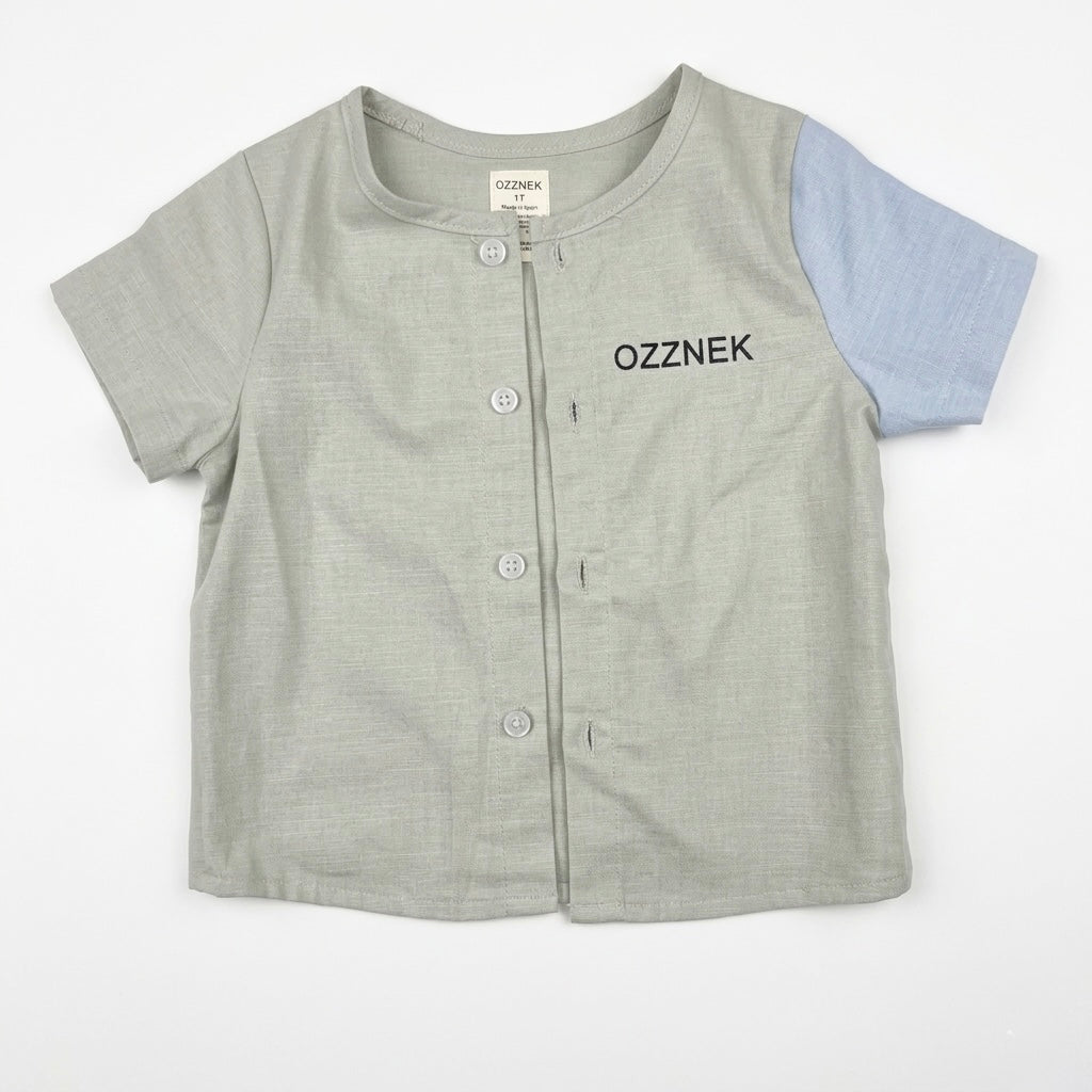 Toddler button-up shirt in sage chambray gray-green, front buttons, short sleeves
