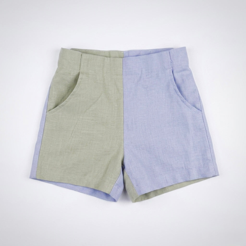 Kids linen blend shorts, sage green and chambray blue panel design