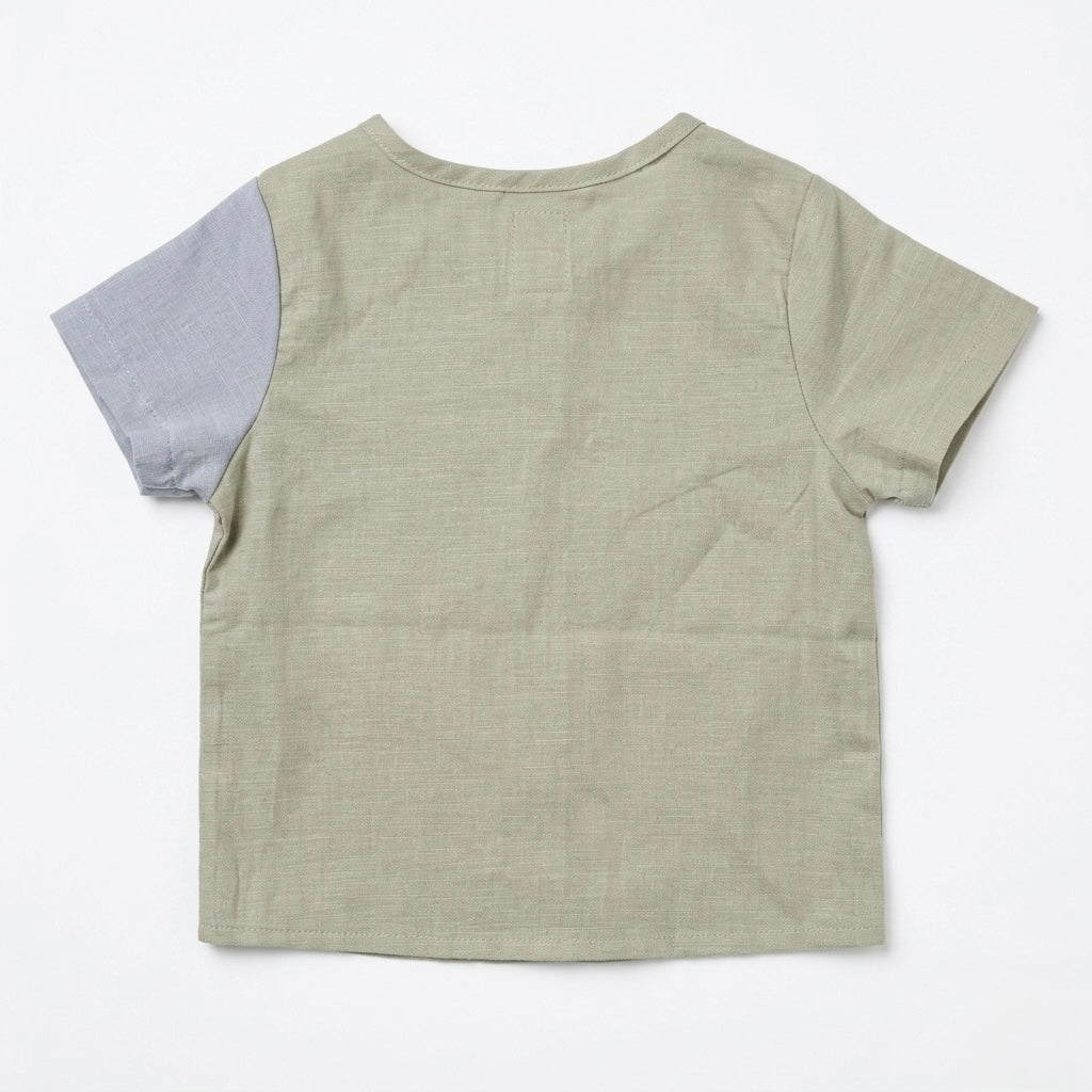 Toddler linen button-up shirt, sage green with chambray blue sleeves