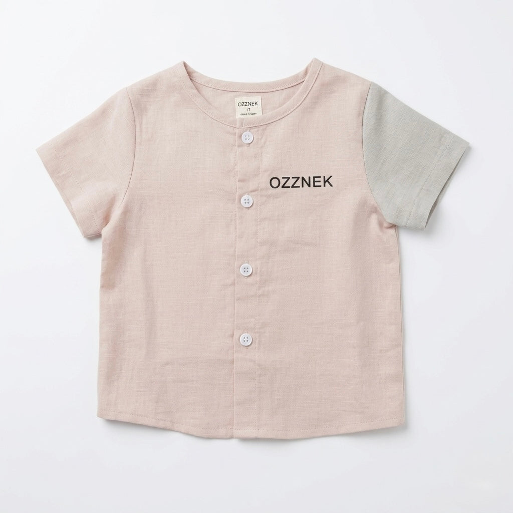 Toddler button-up shirt, light oatmeal pink with sage side panels, short sleeves