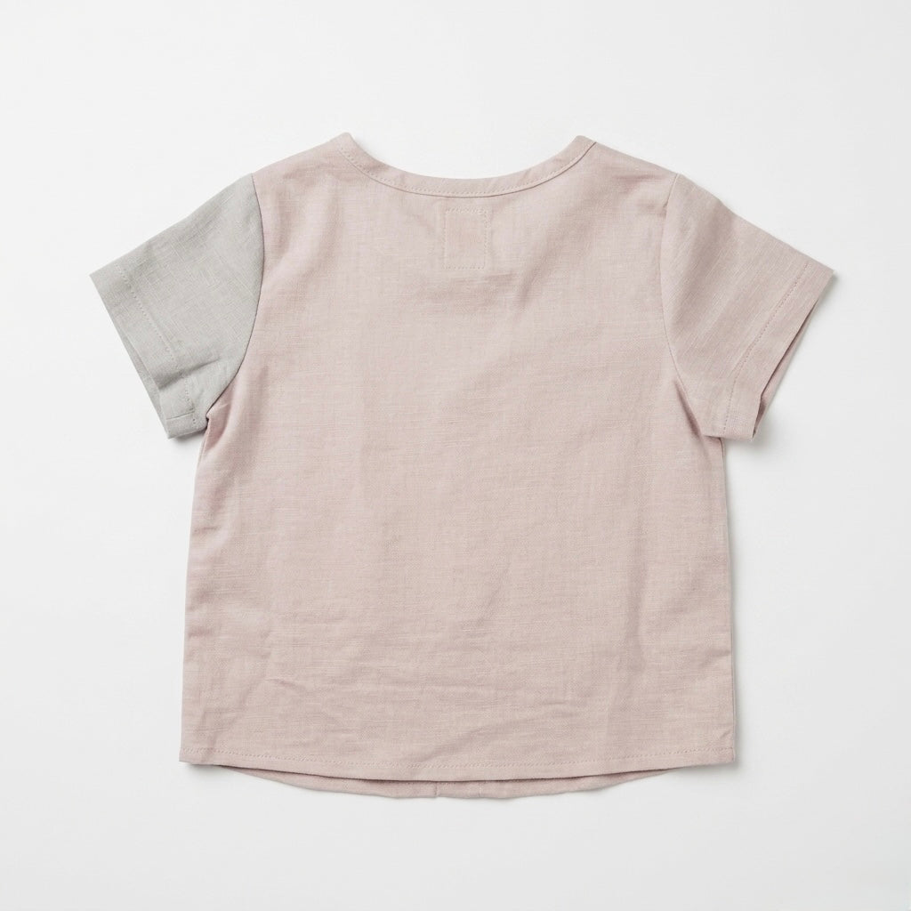 Toddler button-up shirt, light oatmeal pink, back view with short sleeves and crew neckline