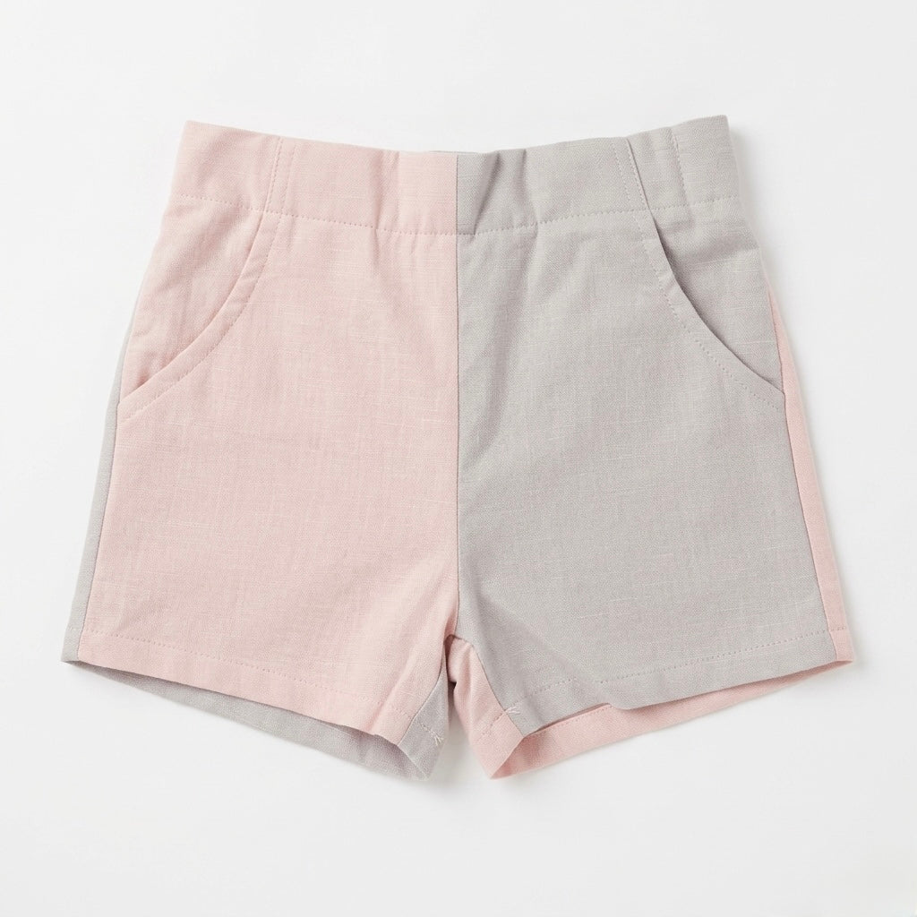 Kids linen blend shorts, light pink and light gray with elastic waistband