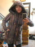 Multicolor striped fleece hooded jacket with full zipper, front pockets, and long sleeves