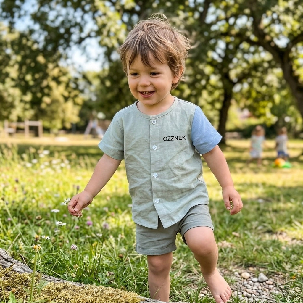 Toddler button-up shirt, light sage green, front button placket, short sleeves on child
