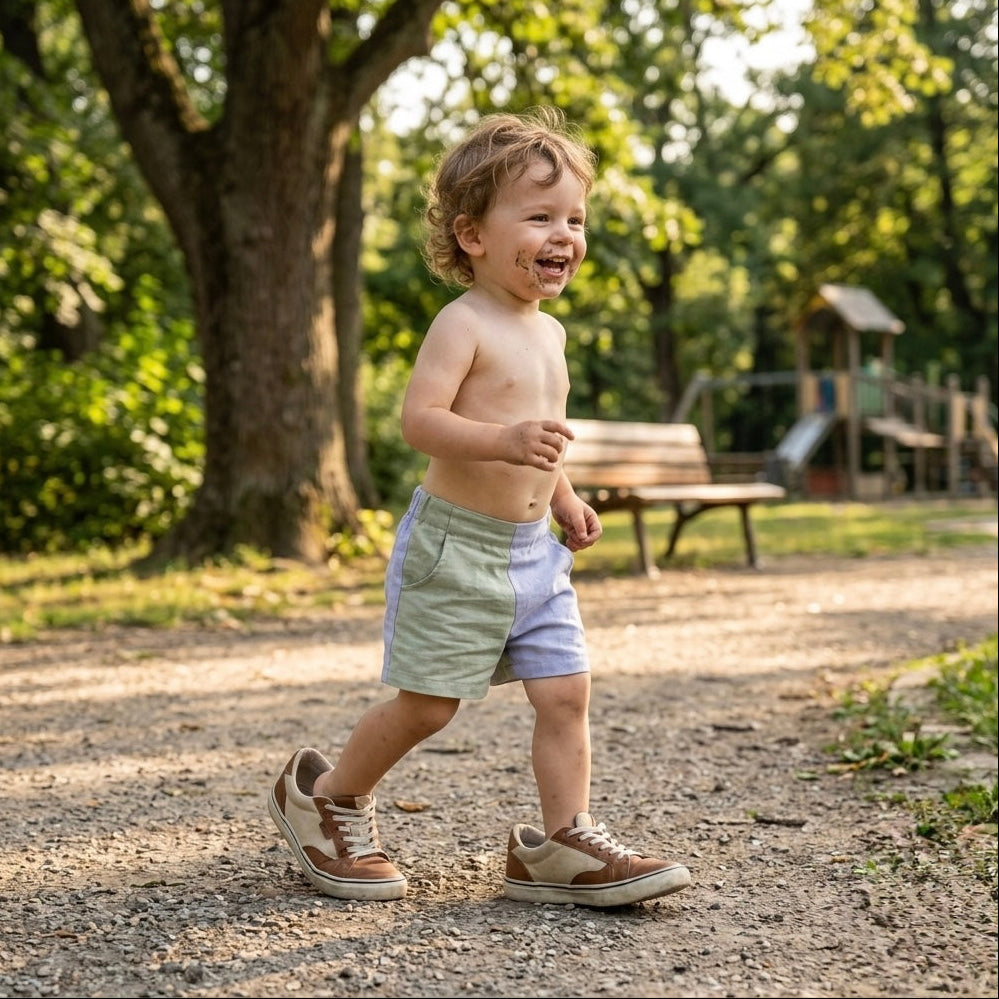 Toddler linen blend shorts in sage green and chambray blue, worn outdoors