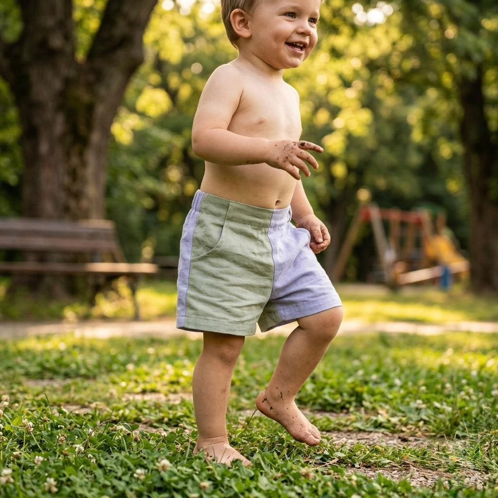 Toddler shorts in sage and chambray blue, worn by a standing child outdoors