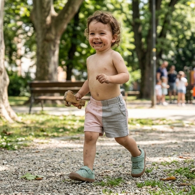 Toddler linen blend shorts in pink and light gray, worn outdoors