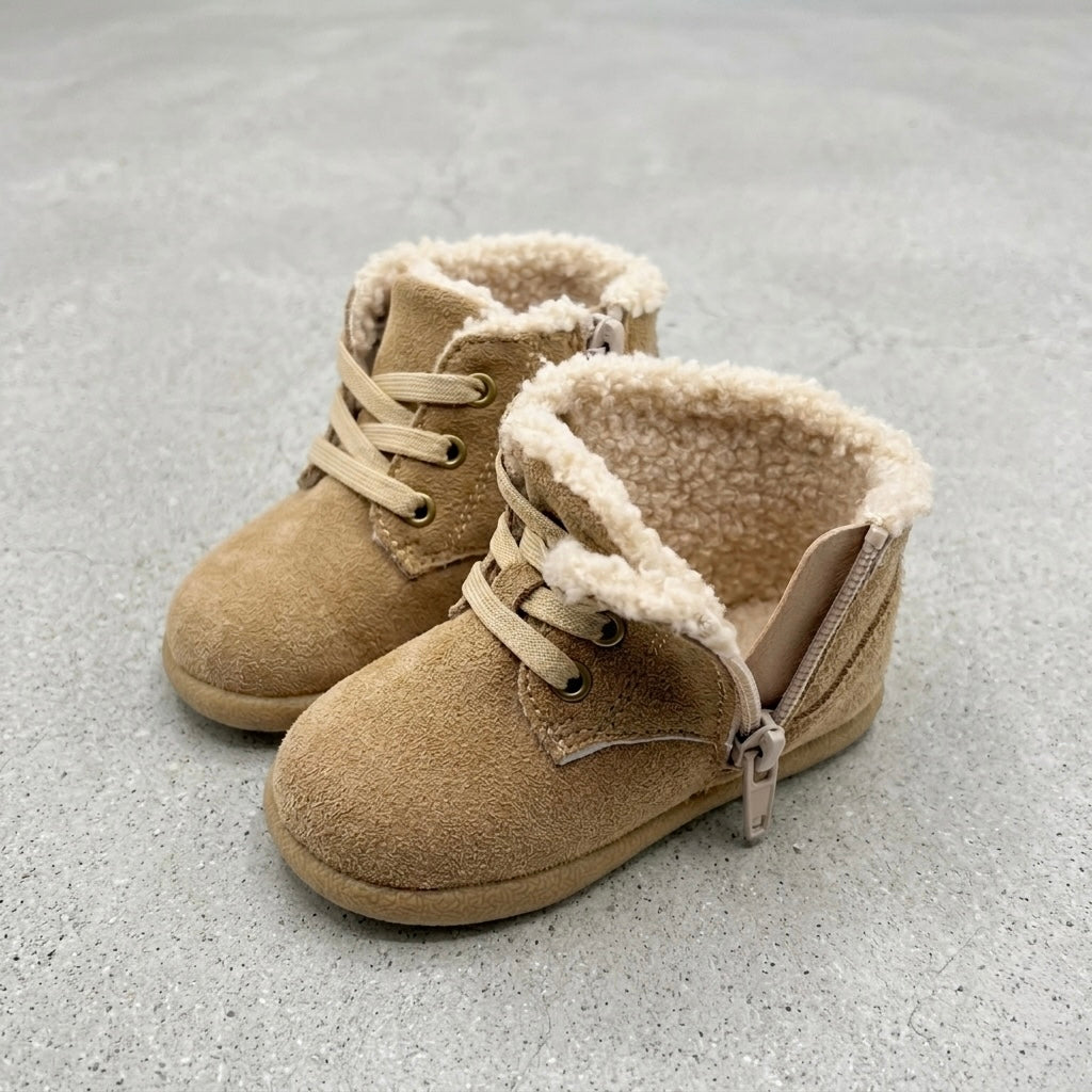 Tan toddler winter barefoot boots with side zipper, sherpa lining, and lace-up front