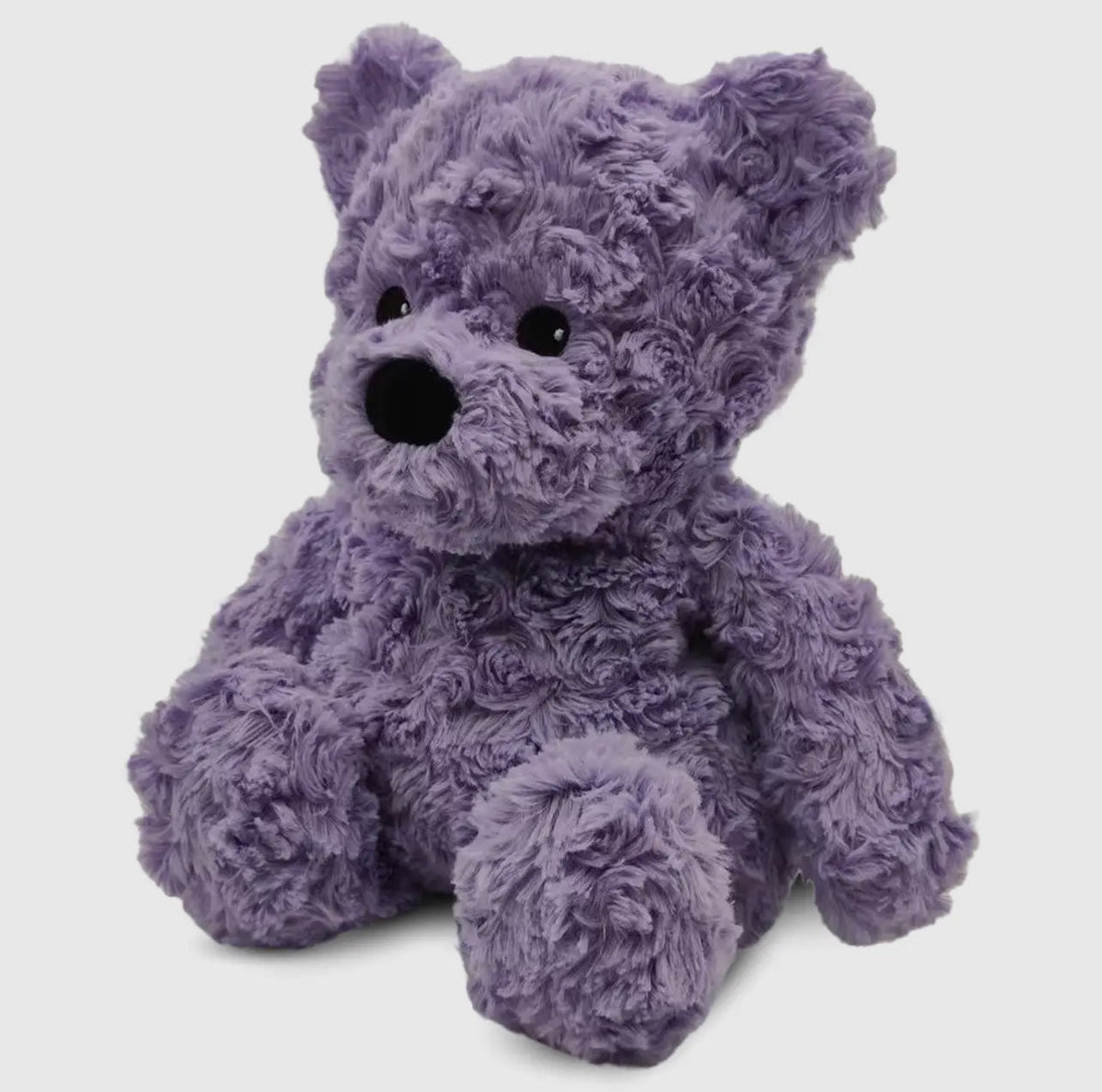 Purple curly bear plush toy with big black nose and button eyes