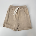 Khaki vintage wash shorts with elastic drawstring waistband and side pockets