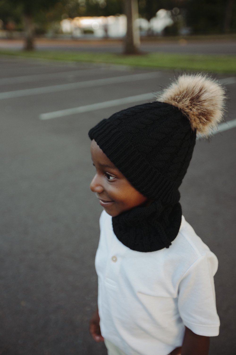 Kids knit beanie and scarf, black with brown pom pom