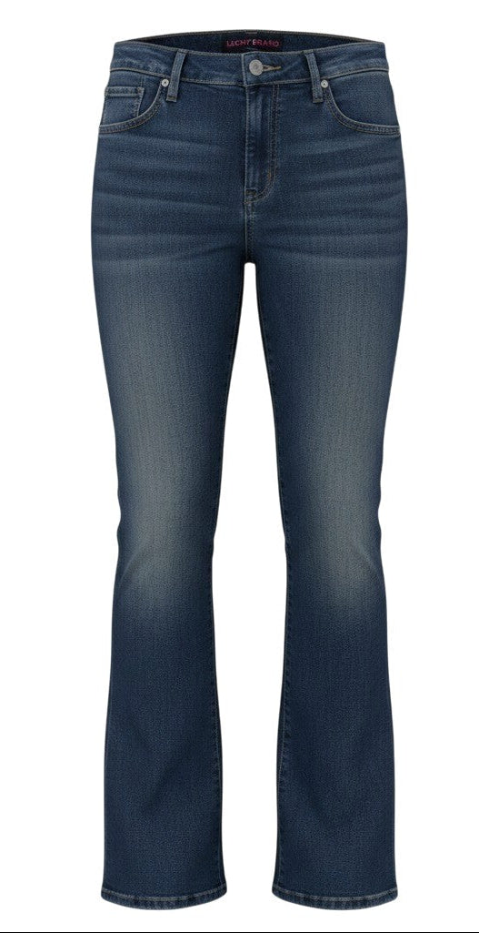 Women's Lucky Brand mid-rise bootcut jeans in dark blue wash, ankle length, button fly