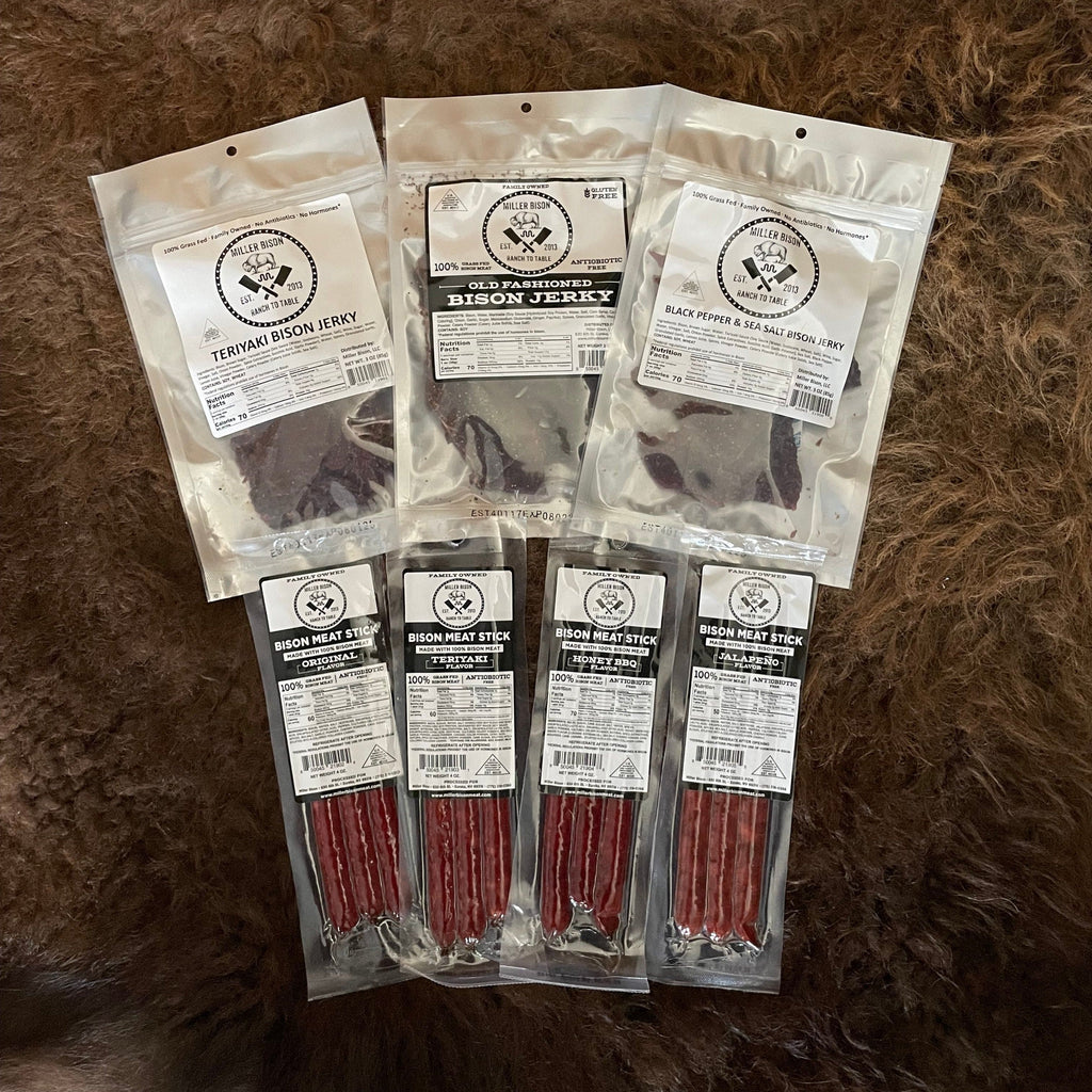 Bison jerky snack pack with three teriyaki pouches and four bison meat sticks
