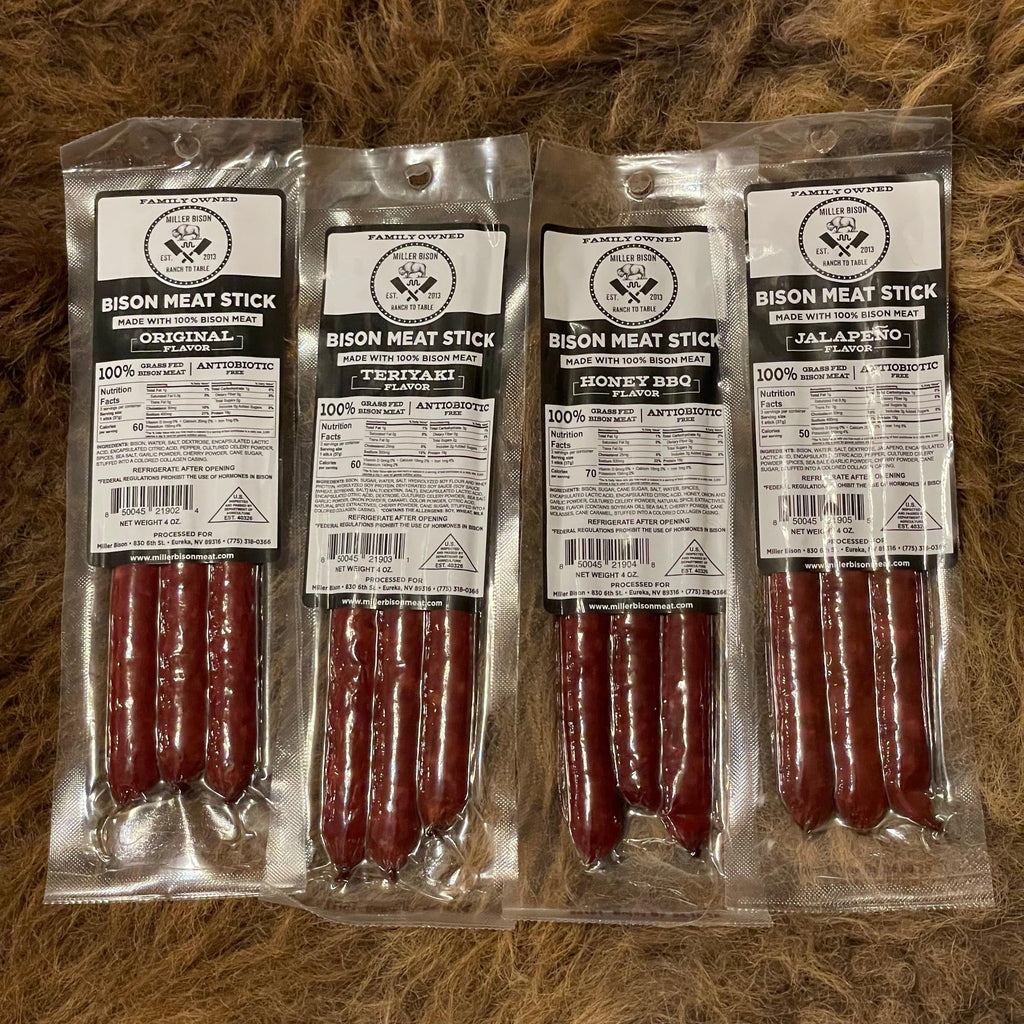 Bison meat stick pack with four vacuum-sealed flavor packs