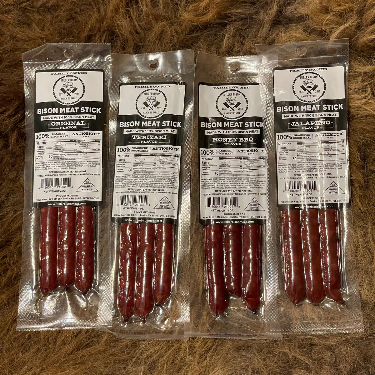 Bison meat stick pack with four vacuum-sealed flavor packs