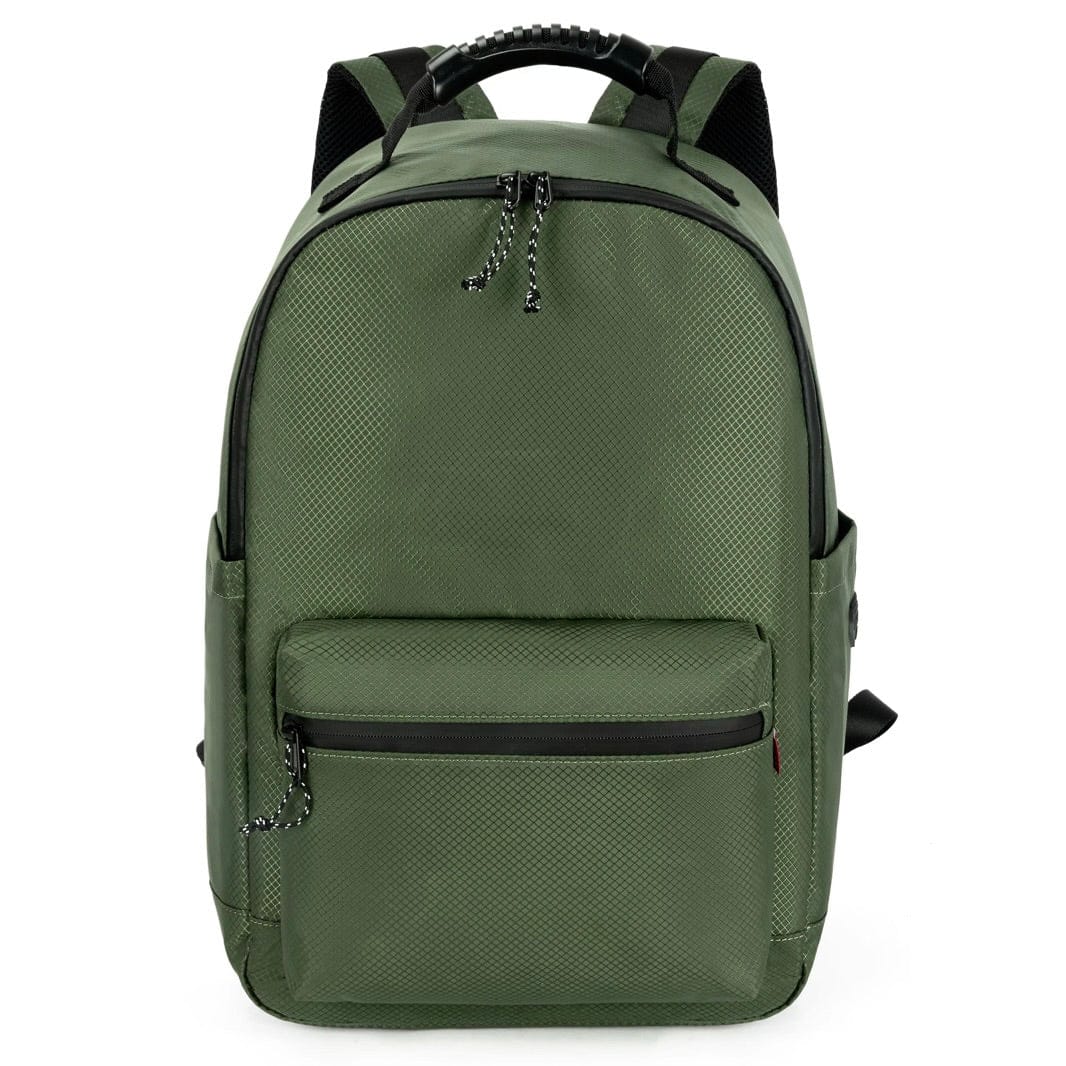 Green fabric backpack with top handle, front zip pocket, and padded shoulder straps