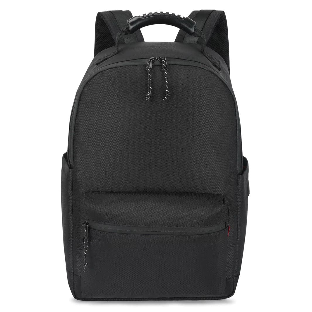 Black ripstop backpack with webbed shoulder straps and front zip pocket.