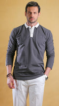 Grey essential polo shirt with white collar, button placket, and long sleeves