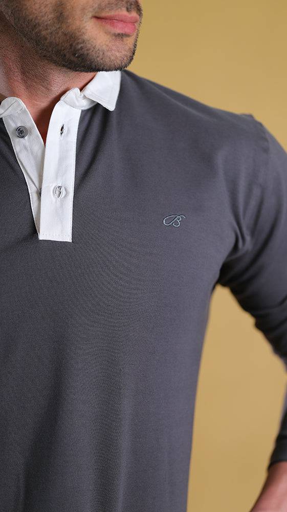Grey polo knit with white contrast collar and button placket