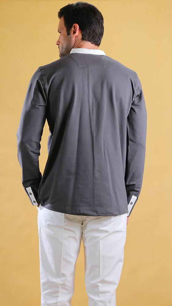 Grey polo shirt back view with white collar and long sleeves