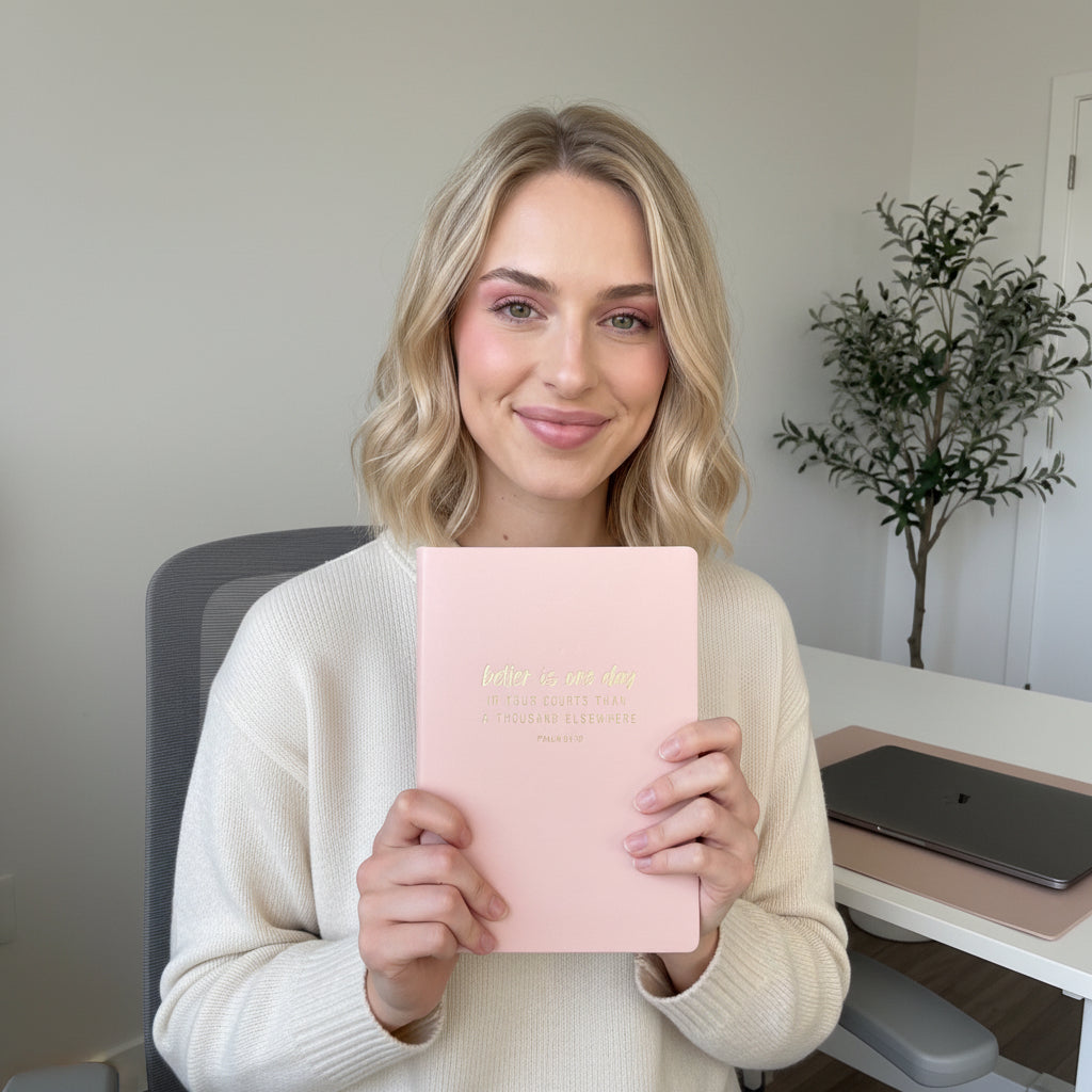 Blush pink soft leather journal held by person, showing front cover quote and verse