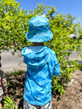 Kids sun hoodie in blue camo print, hooded long sleeves with front pocket
