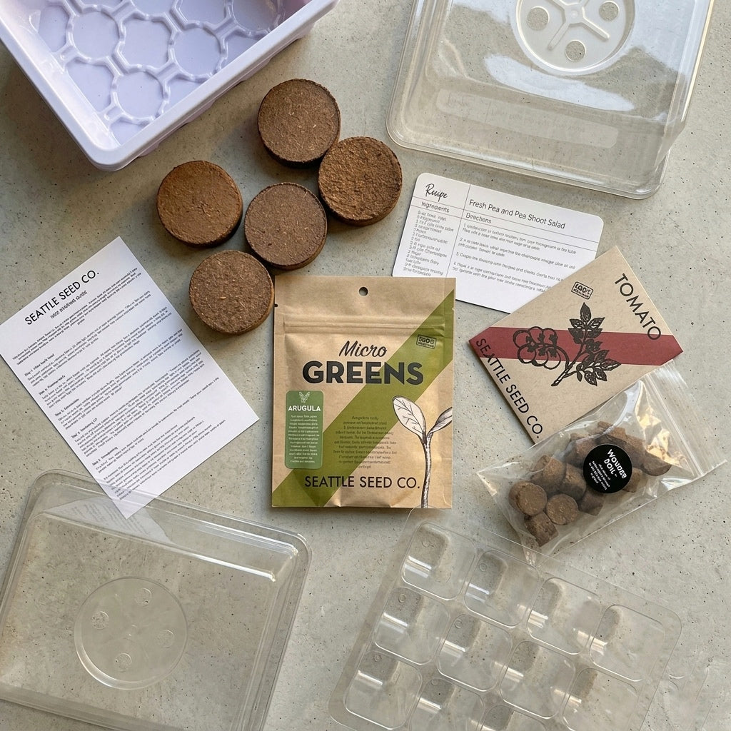 Seed-starting kit contents: seed discs, instruction sheets, seed packet, and tray cells