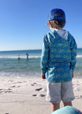 Kids blue patterned sun hoodie with hood, long sleeves, UPF 50