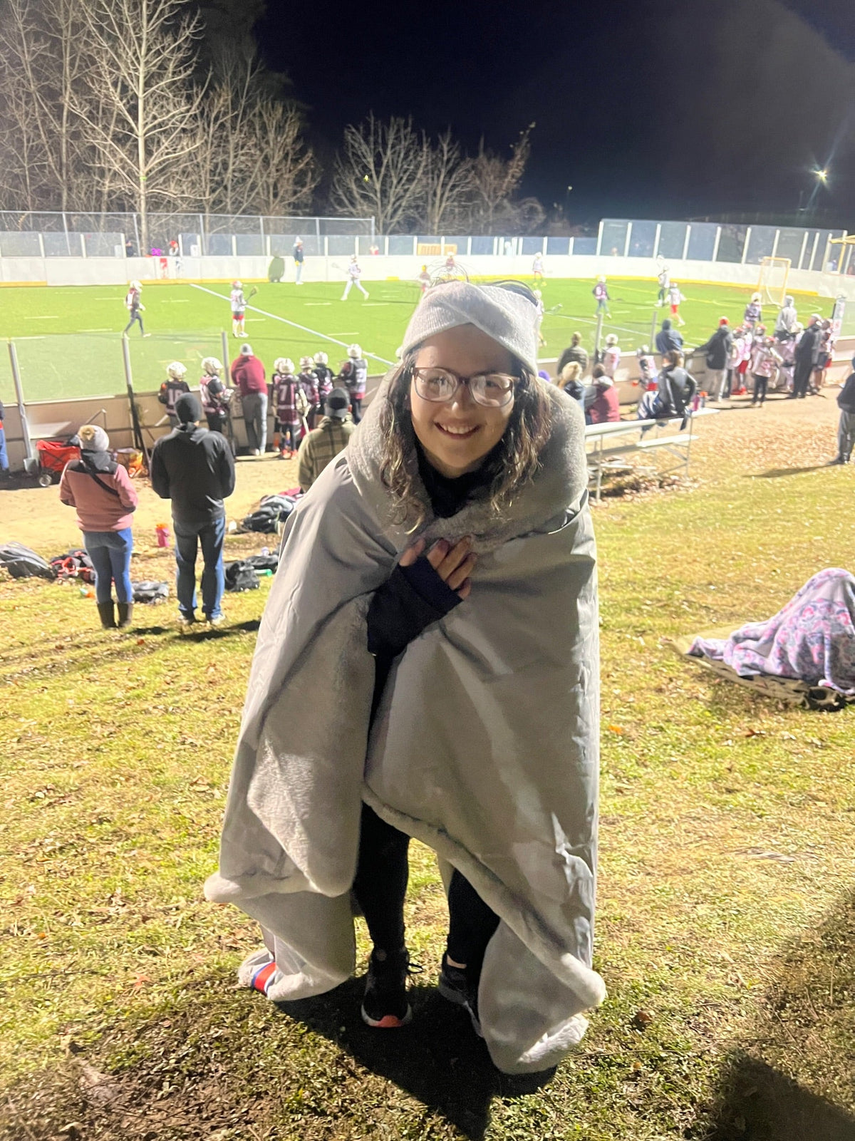 Large outdoor blanket, light grey hooded poncho-style wrap