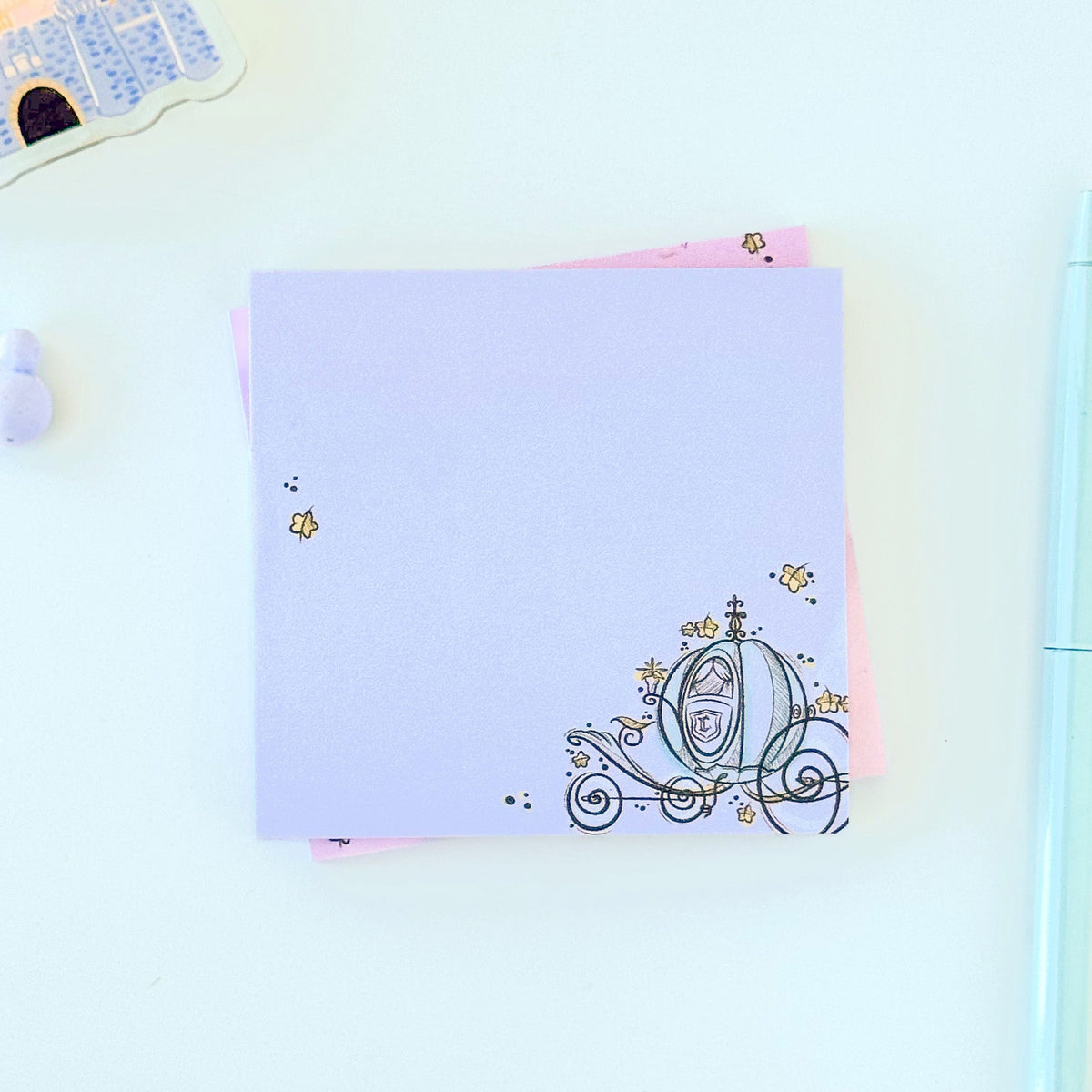 Pastel purple princess carriage sketch sticky note with ornate carriage illustration.