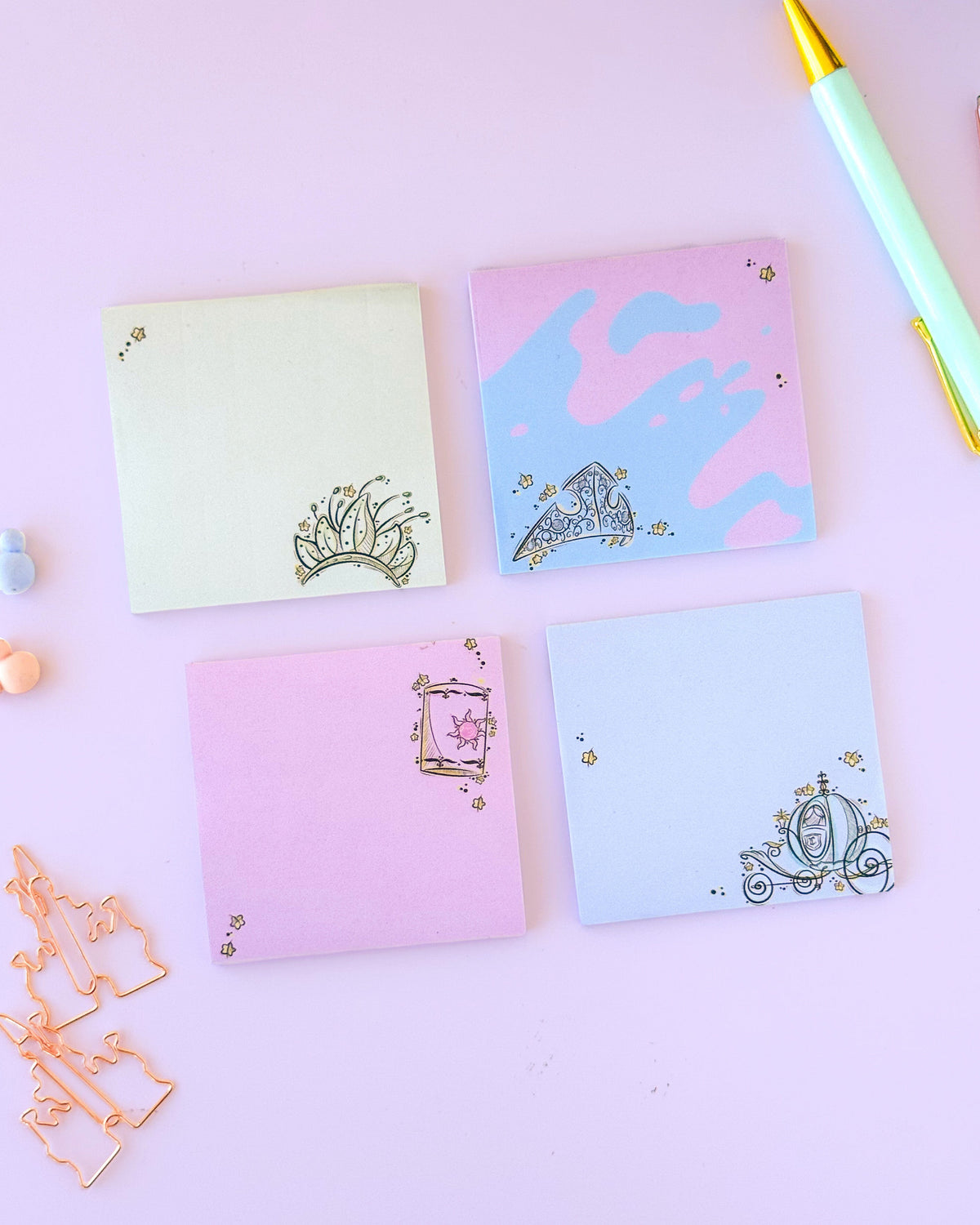 Princess carriage sketch sticky note set with four pastel notes and crown-themed icons.