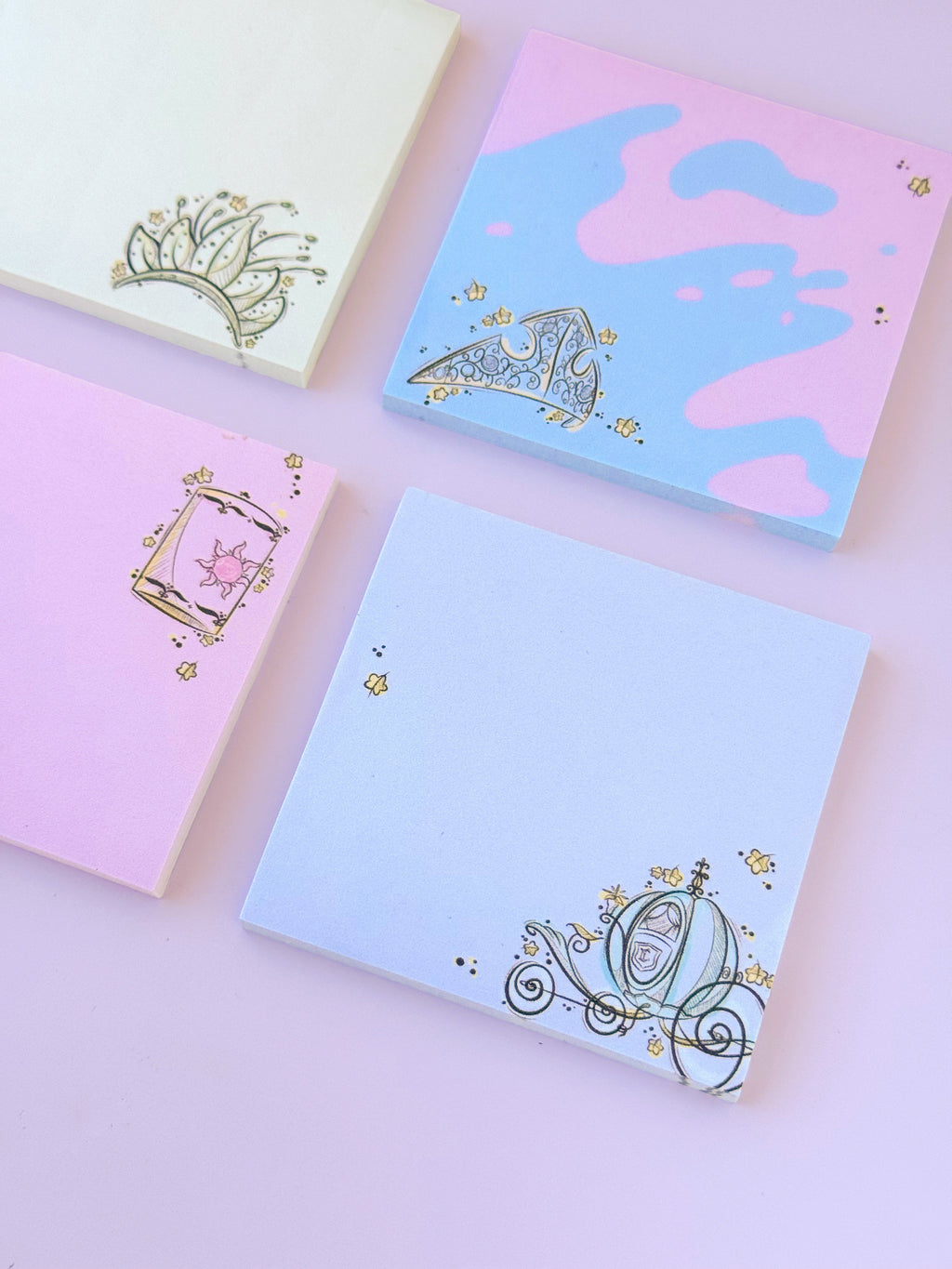 Assorted pastel princess carriage sketch sticky notes with crown, carriage, and heart icons.
