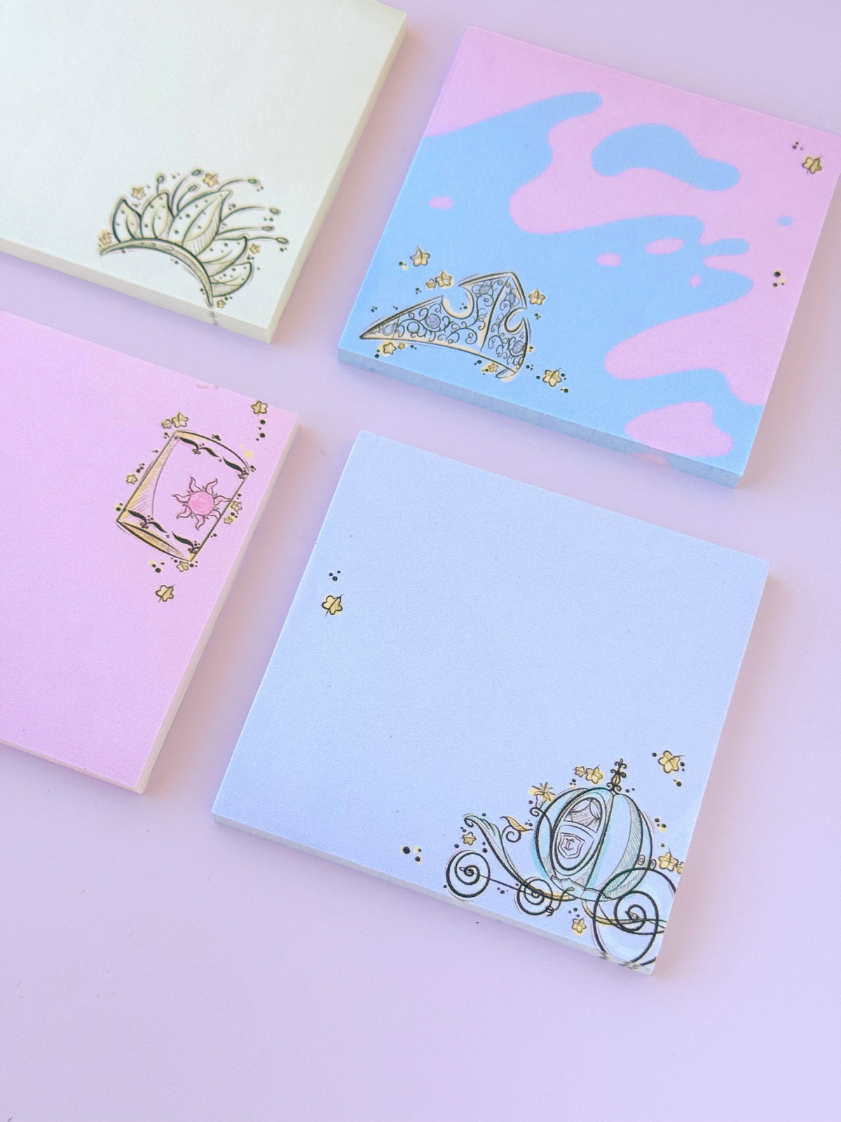 Assorted pastel princess carriage sketch sticky notes with crown, carriage, and heart icons.