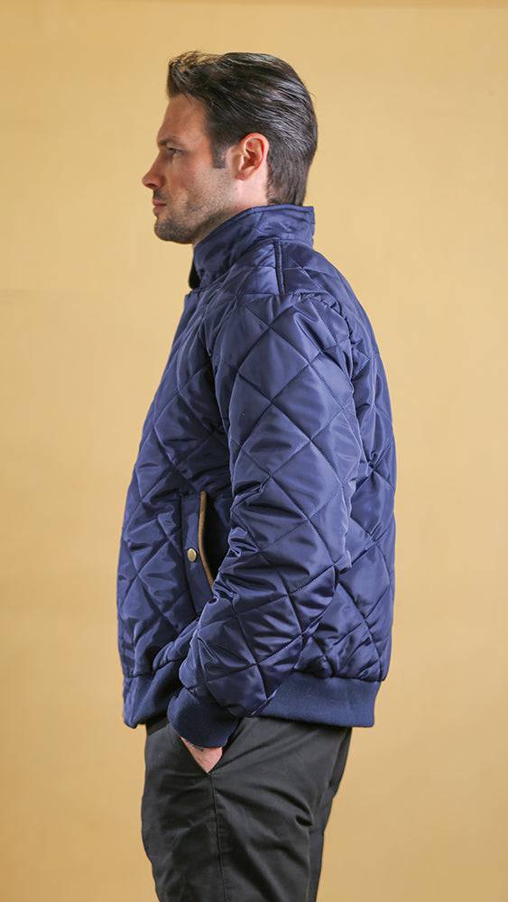 Navy quilted bomber jacket side view with stand collar and snap-button details