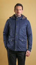 Navy bomber jacket with faux-fur hood, button front, and two chest pockets