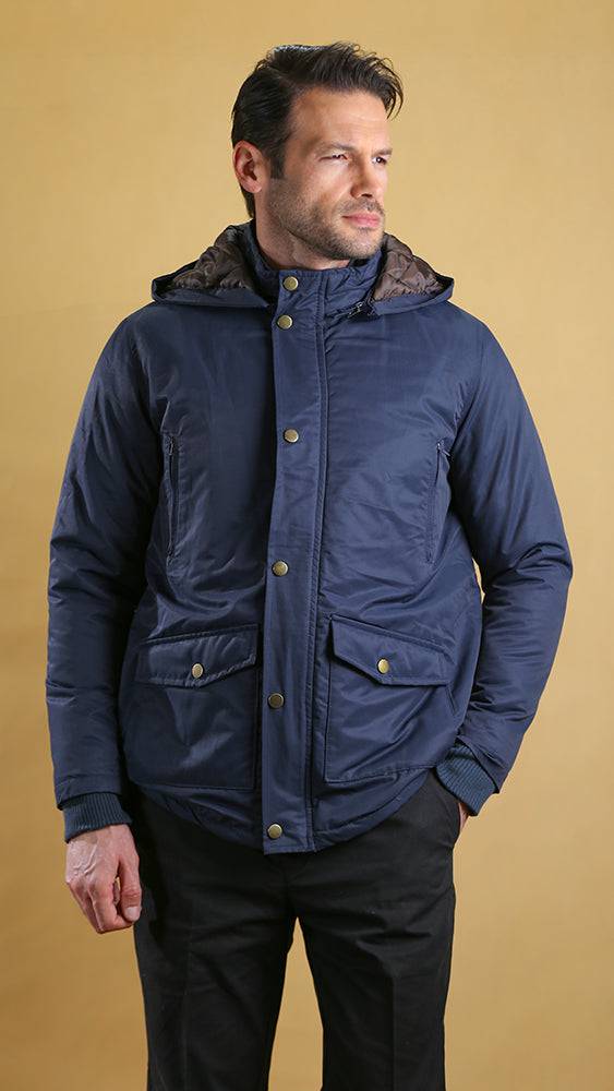 Navy hooded bomber jacket with button placket and chest pocket, side angle view