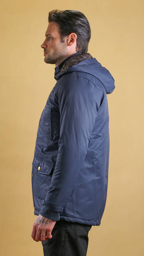 Navy bomber jacket with hooded collar and ribbed sleeve cuffs, side view