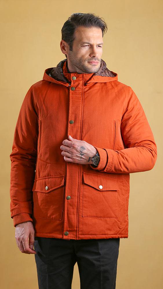 Men's orange bomber jacket with hood, snap-front and two chest pockets