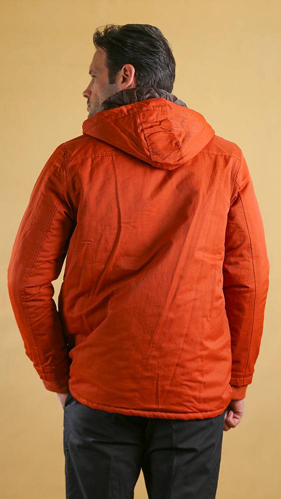 Men's orange bomber jacket with hood, back view