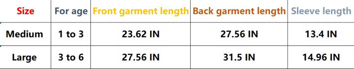 Kids raincoat size chart table with age and garment length measurements