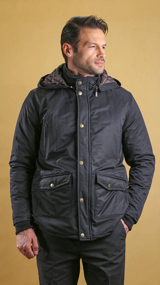 Black hooded bomber jacket with button front and two chest pockets