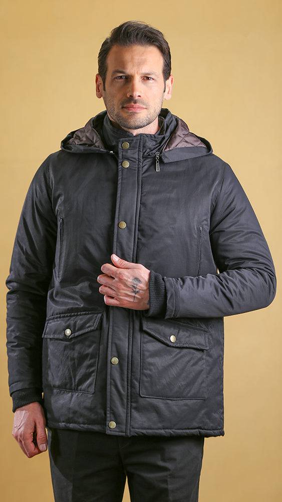 Black hooded bomber jacket with snap buttons and side pockets