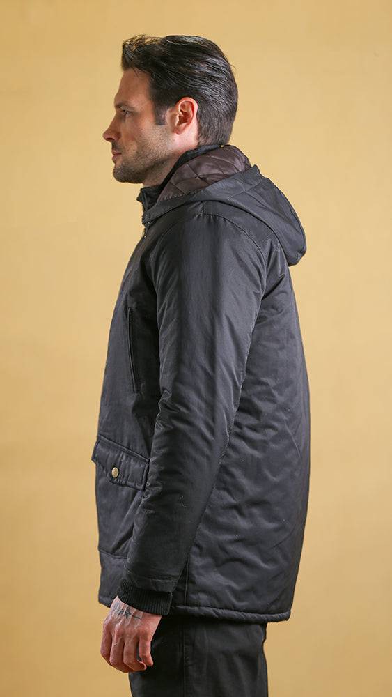 Black bomber jacket side view with hood and pocket flap detail
