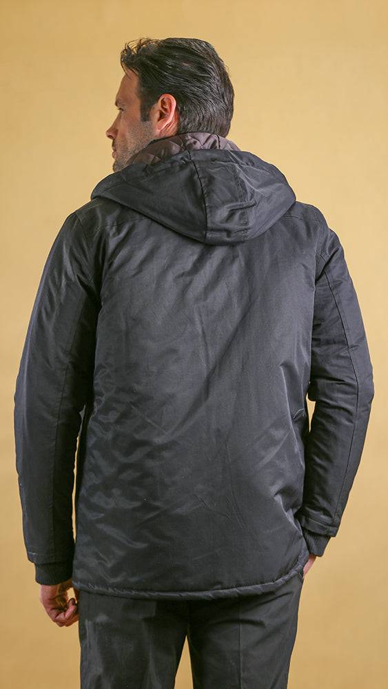 Black hooded bomber jacket back view with adjustable hood