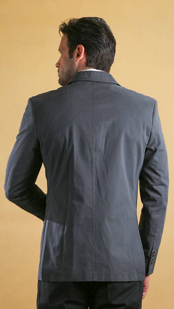 Men's dark asphalt blue-gray bespoke blazer, back view with center back seam