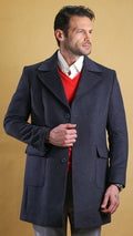Men's dark overcoat with notch lapels, front buttons, and patch pockets