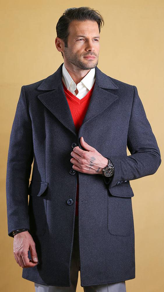 Men's dark overcoat with single-breasted button front and front patch pockets