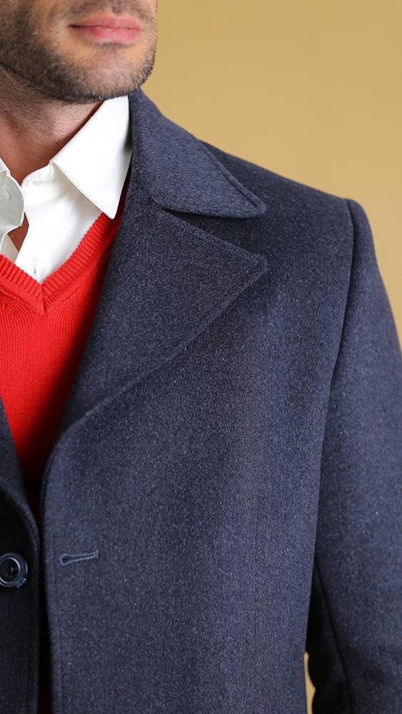 Overcoat lapel and shoulder close-up with textured fabric and button detail